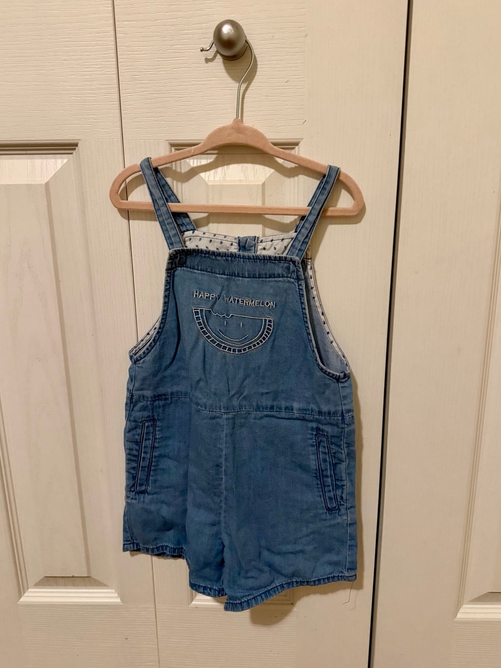 Zara Light Blue Denim Short Overalls with Embroidered Watermelon